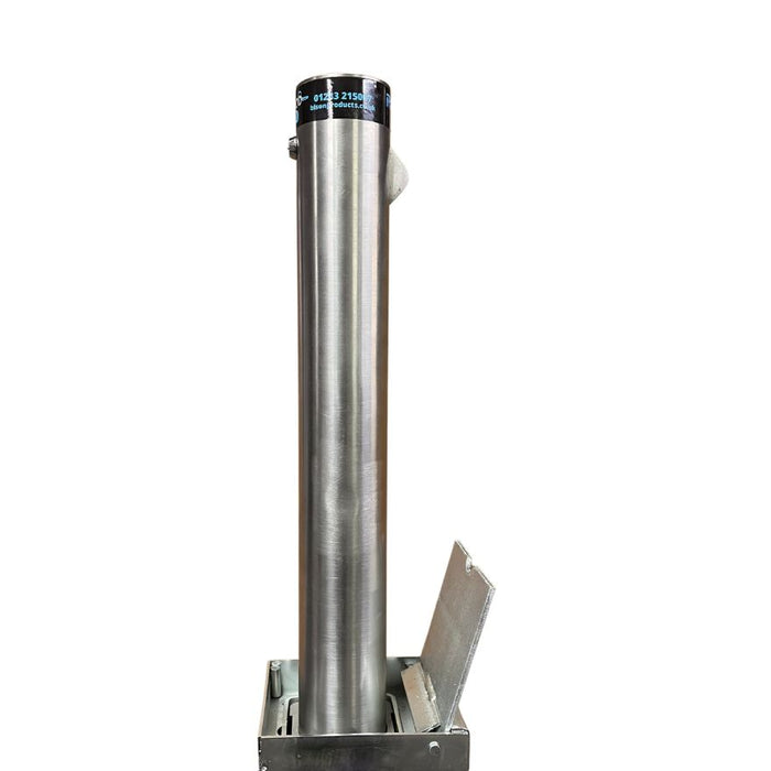 Bison products Ramco 600 round Stainless Steel driveway security bollard with ant-pick lock and boxed lid.