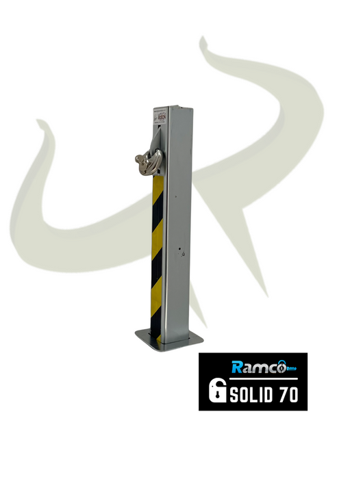Bison Products Ramco Solid 70 Telescopic Driveway Security Bollard in zinc silver with 70mm discuss padlock and chevron tape left facing.