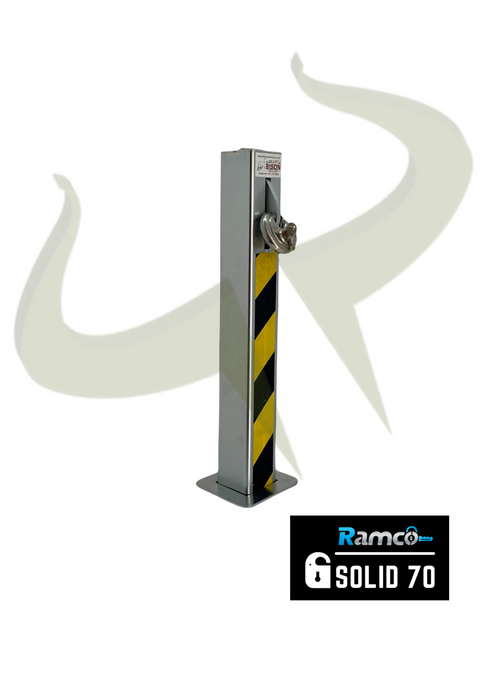 Bison Products Ramco Solid 70 Telescopic Driveway Security Bollard in zinc silver with 70mm discuss padlock and chevron tape right facing.