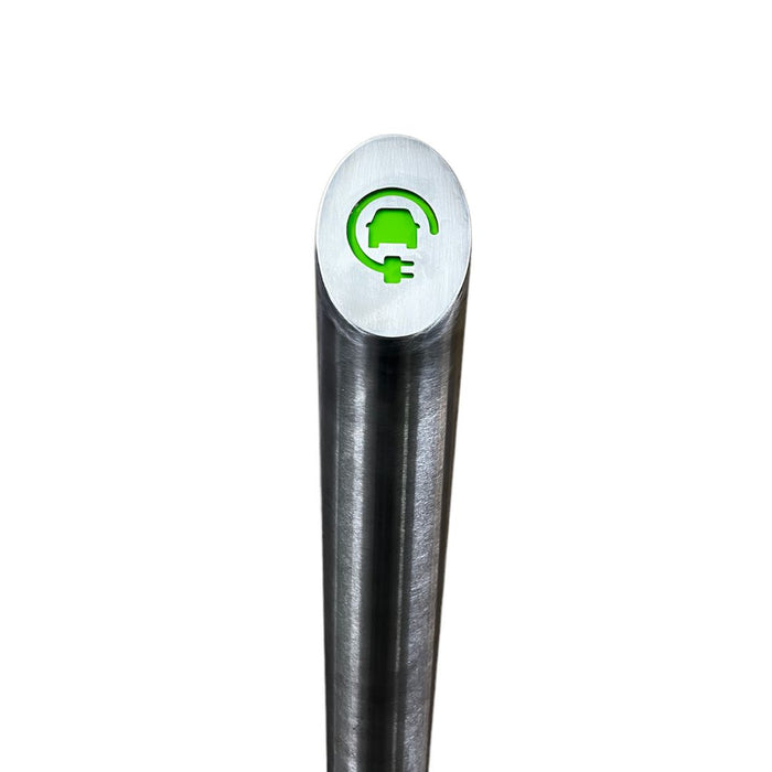EV Charging point bollard in stainless steel 1200mm x 108mm underground with green ev emblem installed at Hotel