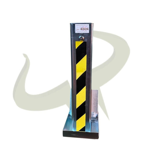 Bison Products Ramco 100 with hi vis foil tape 100mm x 100mm 540mm high heavy duty car van motorhome driveway security bollard facing left