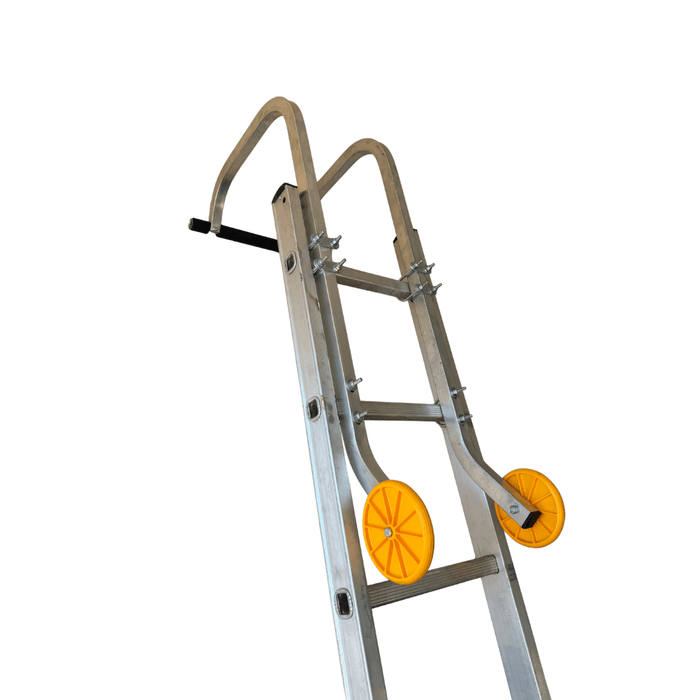 Bison Products Industrial Roof Hook with Stability Bar - Full view on ladder