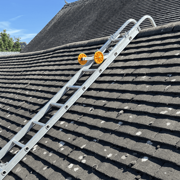 Industrial Roof Hook on roof - Showing wheels and clamps in use