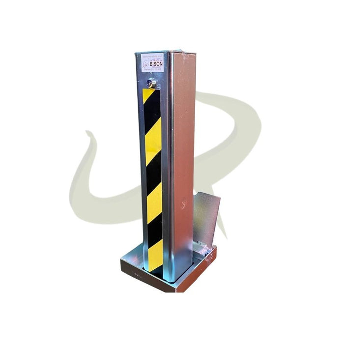 Bison Products Ramco 100 with hi vis foil tape 100mm x 100mm 540mm high heavy duty car van motorhome driveway security bollard facing left