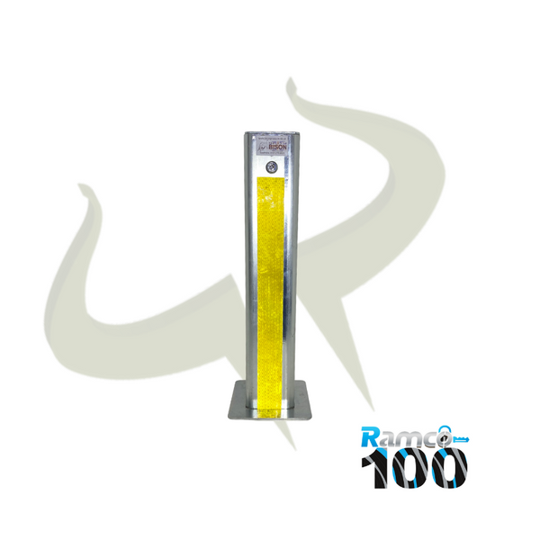 Bison Products Ramco 100 with hi vis foil tape 100mm x 100mm 540mm high heavy duty car van motorhome driveway security bollard facing front