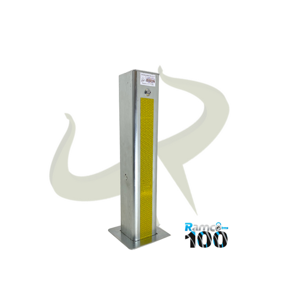 Bison Products Ramco 100 with hi vis foil tape 100mm x 100mm 540mm high heavy duty car van motorhome driveway security bollard facing right