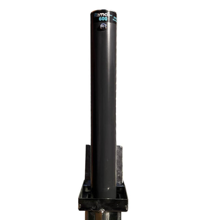 Bison products Ramco 600 round driveway security bollard powder coated Anthracite grey with ant-pick lock and Anti-Slip lid.