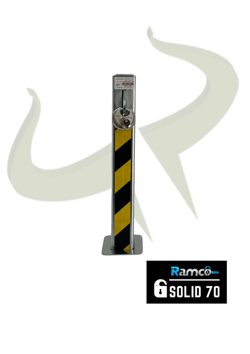 Bison Products Ramco Solid 70 Telescopic Driveway Security Bollard in zinc silver with 70mm discuss padlock and chevron tape front facing.