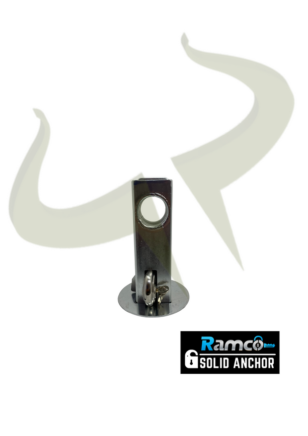 Ramco Solid Anchor 230mm high telescopic anchor ideal for trailers, caravans, quad bikes and motorbikes shown front on with 70mm discuss padlock.