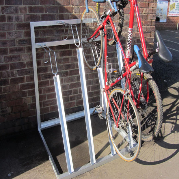 Semi vertical floor mounted bike storage ideal for outside bike sheds.