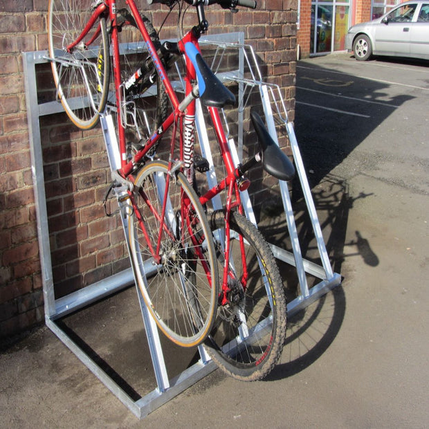 Semi vertical floor mounted bike storage ideal for outside bike sheds.